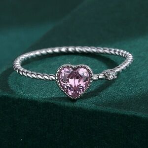 Pink Love Heart Premium Zircon 925 Sterling Silver Cross Band Rings